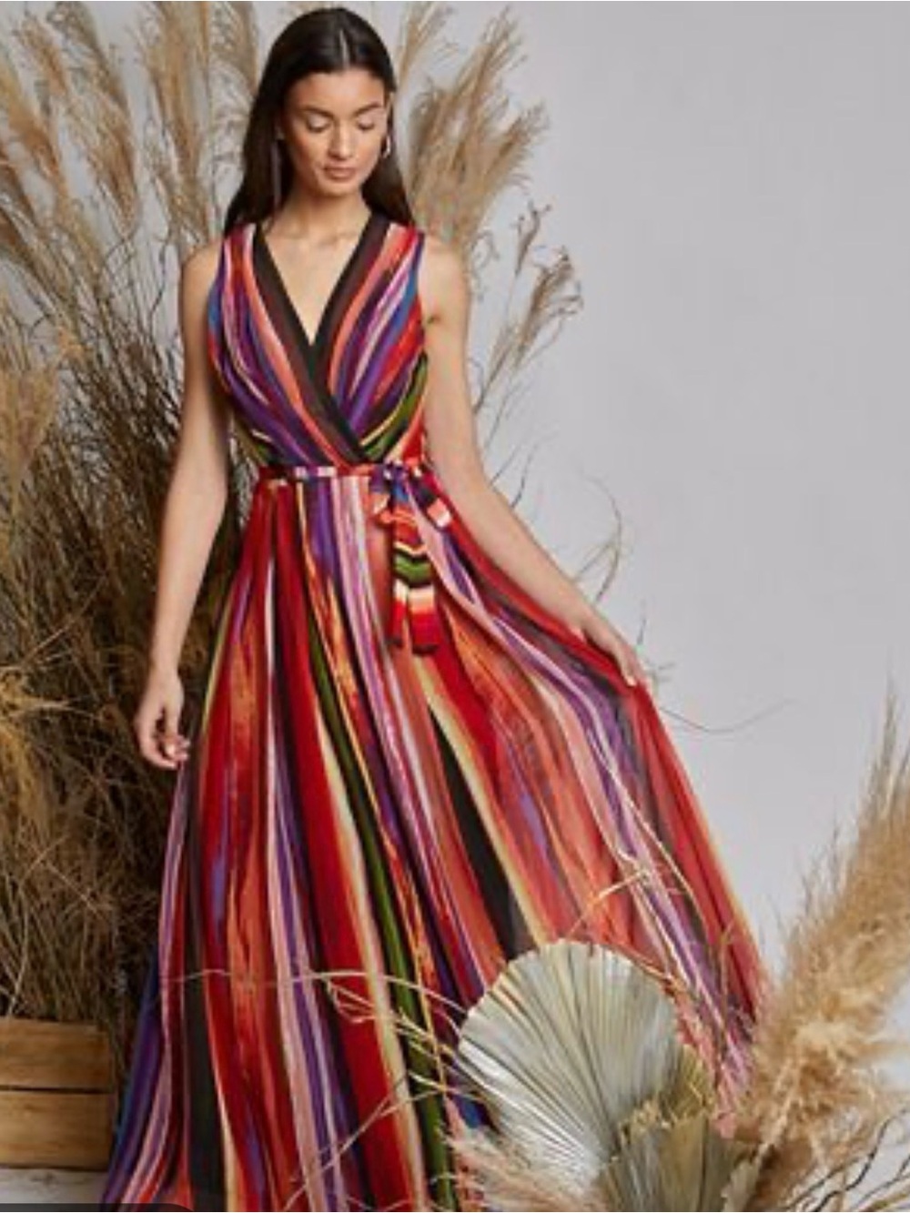 Donna Ricco V-Neck Multicolor Striped Wrap Maxi Dress